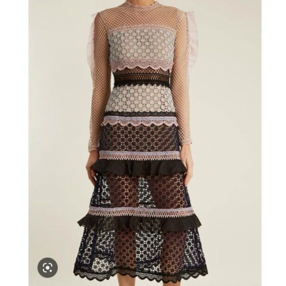 Self Portrait Bellis Lace Crochet Midi Dress New UK 10 US 6